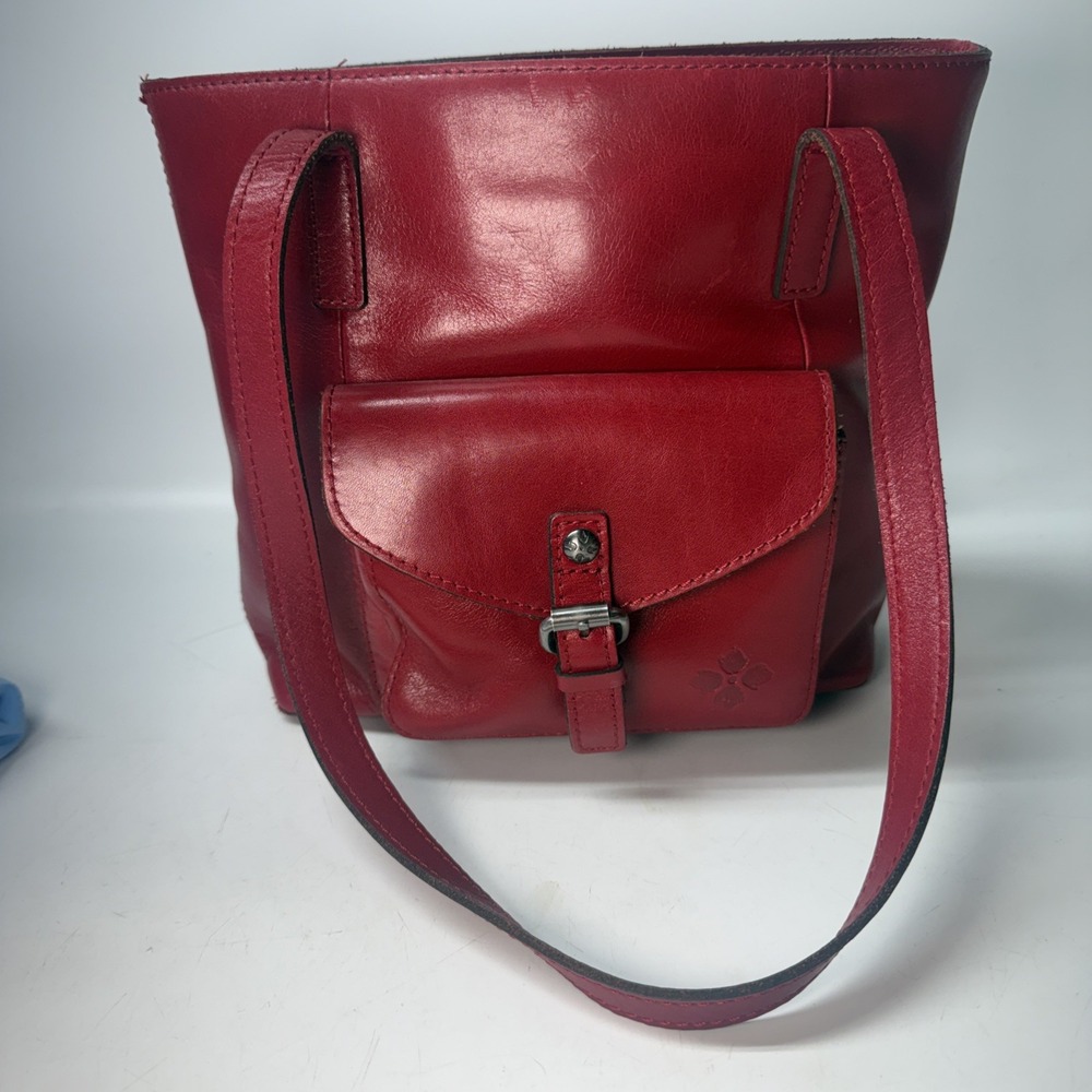 Patricia Nash Red Leather Tote Bag Buckle Pocket Shoulder Clean Holiday
